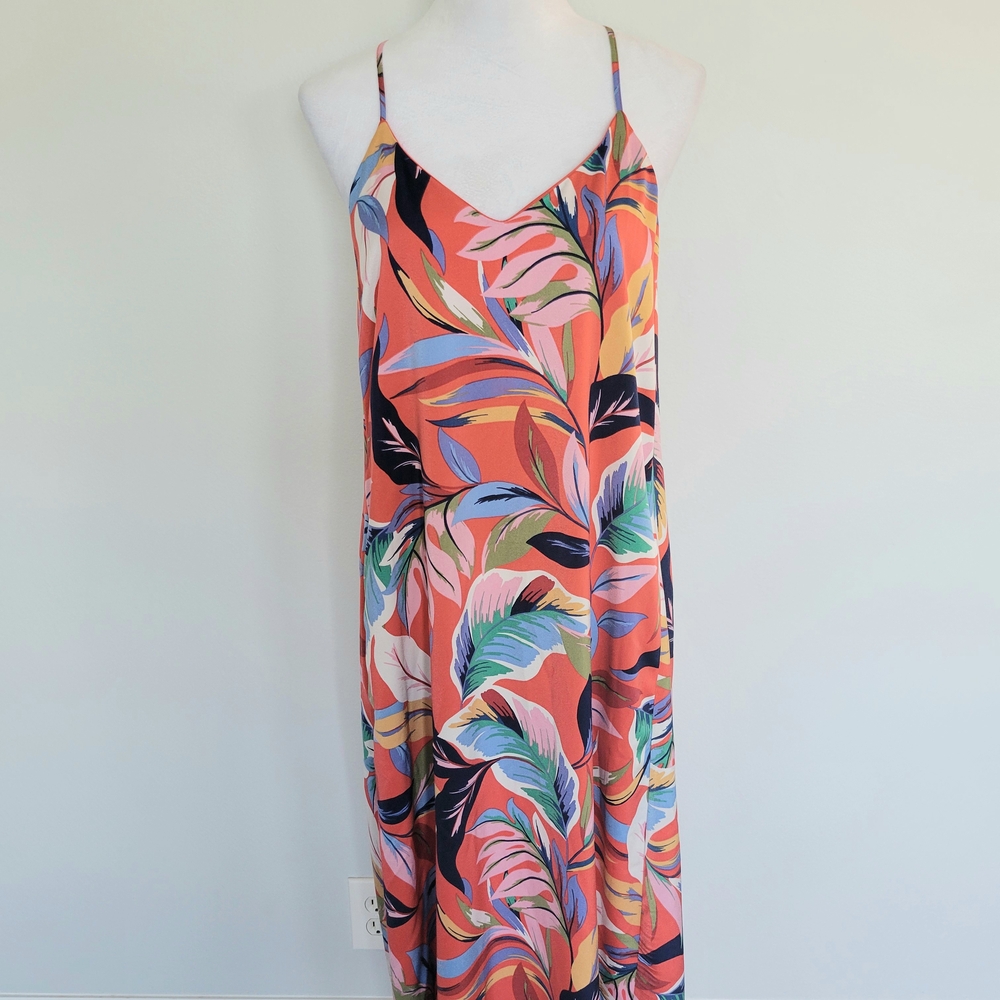 Nicole Miller Satin Multicolor Floral Pockets Straps Beach Maxi Dress Sz Large - Picture 3 of 13